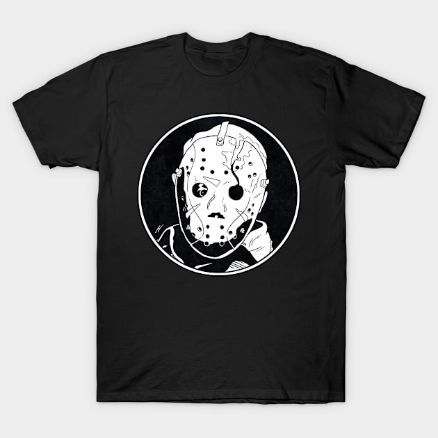 JASON VOORHEES - Friday the 13th (Circle Black and White) T-Shirt by Famous Weirdos